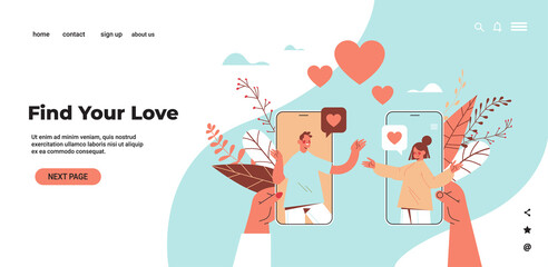 man woman chatting online mobile dating app couple discussing during virtual meeting social relationship communication concept horizontal copy space vector illustration