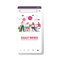 businesspeople reading newspaper discussing daily news during meeting chat bubble communication concept smartphone screen copy space vector illustration