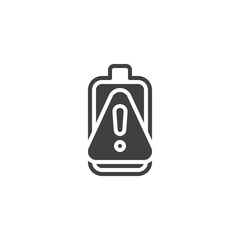 Obraz premium Battery alert notification vector icon. filled flat sign for mobile concept and web design. Battery with exclamation mark glyph icon. Symbol, logo illustration. Vector graphics