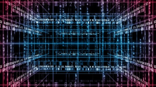 digital data background 4K. Line together with digital numbers. Technology background. abstract line with light. 3D rotating motion. Lights that follow the lines. Numbers flowing between lines. 4K