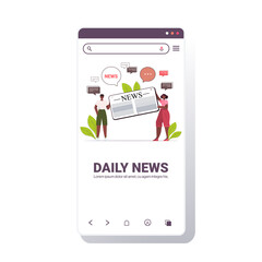 couple reading and discussing daily news on smartphone screen chat bubble communication concept full length copy space vector illustration