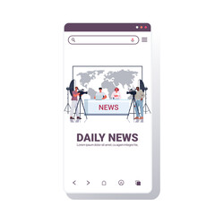 presenters broadcasting with cameramen on television people discussing daily news at modern tv studio smartphone screen mobile app full length copy space vector illustration