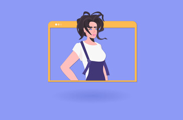 woman having virtual conference during video call remote work quarantine isolation concept girl in web browser window portrait vector illustration