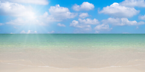 panorama of tropical beach with sun light blue scene, sky and cloud for travel, advertising concept