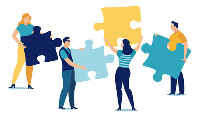 People holding puzzle elements. Concept of teamwork, cooperation. Vector illustration.. - obrazy, fototapety, plakaty