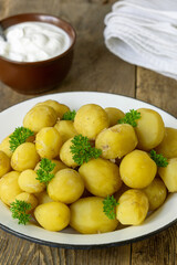 Young boiled potatoes with parsley on a rustic background