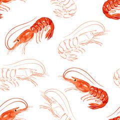 Red cartoon shrimps seamless pattern. Seafood background. Vector illustration.