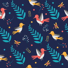 Pattern with birds and leaves. Modern cute background for packaging and design. Vector pattern.