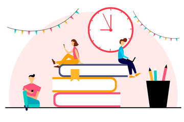 Characters doing various tasks. Illustration of online learning, school, creative ideas, business. illustration in flat style. 