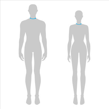 Women and men to do neck size measurement fashion Illustration for size chart. 7.5 head size girl and boy for site or online shop. Human body infographic template for clothes. 