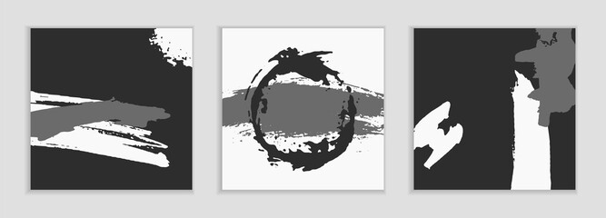 Black and white templates for social networks. Set of abstract vector backgrounds. Hand-drawn spots and waves. Handmade ink illustration. Vector texture for design. Jagged grunge lines.