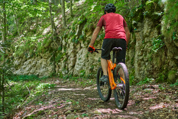 man cycling on a path in the middle of a green forest