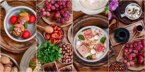 Collage of different traditional Georgian desserts. Ice cream, candied fruit, grapes. Collection of desserts. Banner.
