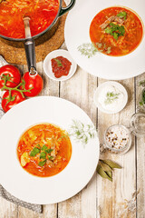 Cabbage soup with beef, fresh tomatoes and herbs. Top view. Vertical shot