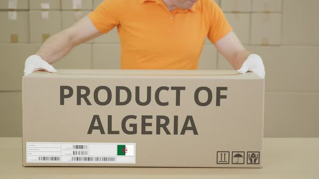 Large carton with PRODUCT OF ALGERIA printed text on the side