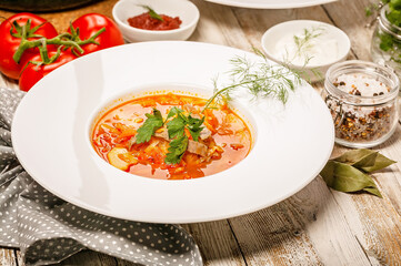 Close-up plate cabbage soup with beef, fresh tomatoes and herbs on a light wooden background. Traditional Ukrainian or Russian cuisine