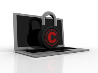 
3d illustration copyright symbol lock in laptop