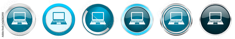 Poster Computer silver metallic chrome border icons in 6 options, set of web blue round buttons isolated on white background