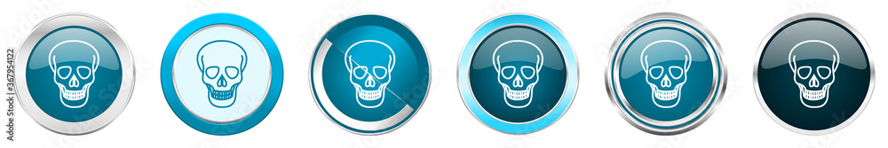 Fototapete skull silver metallic chrome border icons in 6 options, set of web blue round buttons isolated on wh