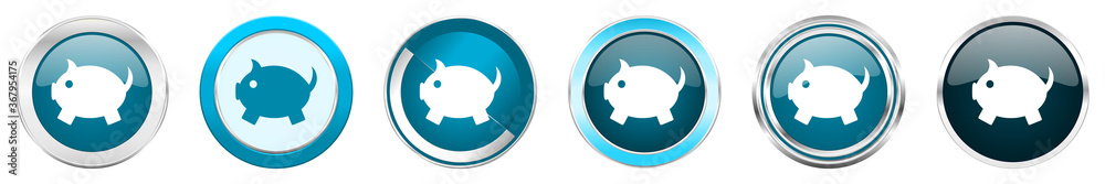 Poster piggy bank silver metallic chrome border icons in 6 options, set of web blue round buttons isolated 