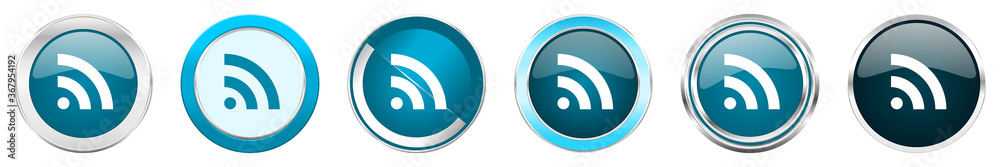 Fototapete rss silver metallic chrome border icons in 6 options, set of web blue round buttons isolated on whit