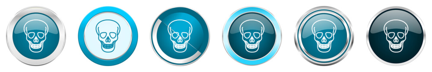Skull silver metallic chrome border icons in 6 options, set of web blue round buttons isolated on white background