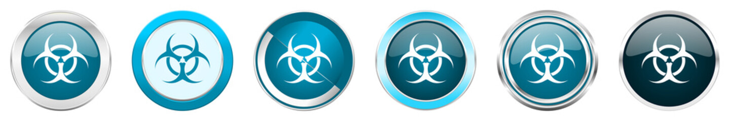 Biohazard silver metallic chrome border icons in 6 options, set of web blue round buttons isolated on white background