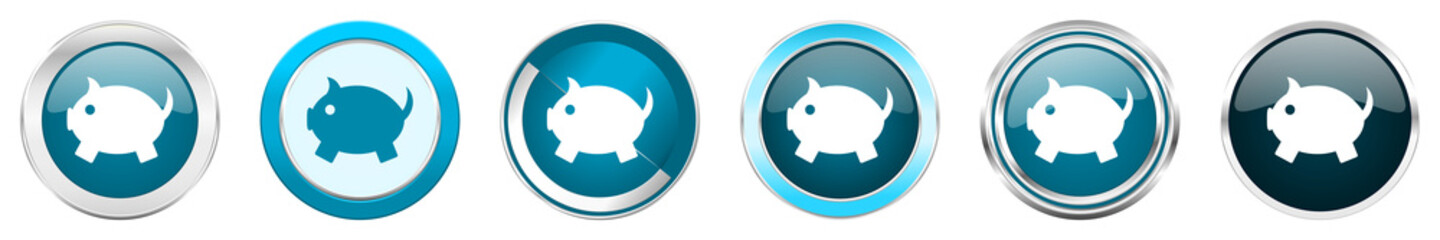 Piggy bank silver metallic chrome border icons in 6 options, set of web blue round buttons isolated on white background