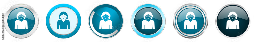 Poster Female silver metallic chrome border icons in 6 options, set of web blue round buttons isolated on white background