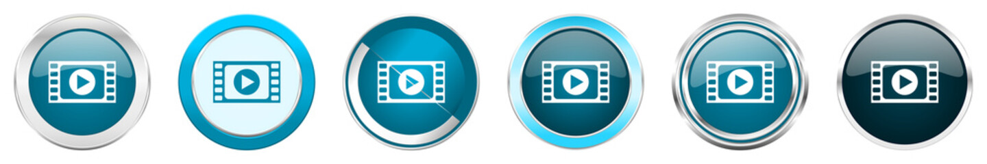 Play video silver metallic chrome border icons in 6 options, set of web blue round buttons isolated on white background