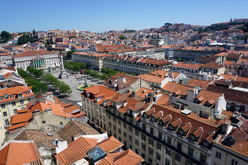 Fototapeta na wymiar Lisbon, panoramic view of the Rossio square from above, from the Santa Giusta lift