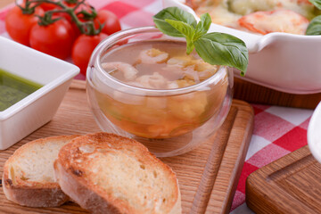 Hot and sour soup and shrimp in condensed water, Thai traditional food. Hot and healthy dinner. Sea food.