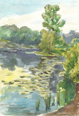 summer landscape with river and trees watercolor