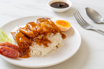 crispy pork on rice with barbecue sauce