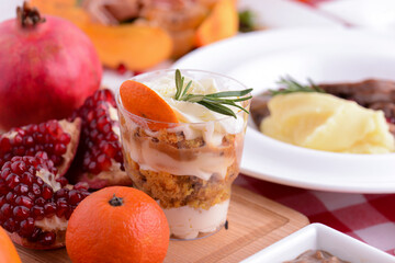 Table served for thanksgiving dinner. Autumn food on white background. Flat lay, top view, copy space