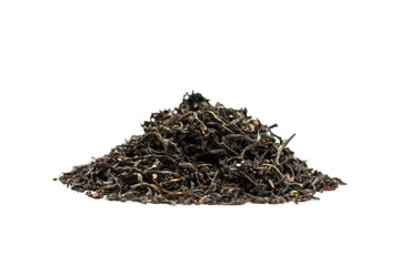 Leaves of black premium dry tea on a white background