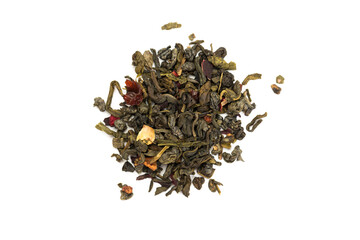  Leaves of Chinese Dry Tea Top Grade with Goji Berries and Powdered Acai on White Background