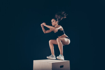 Portrait of her she nice attractive concentrated sportive strong slim thin lady working out body...