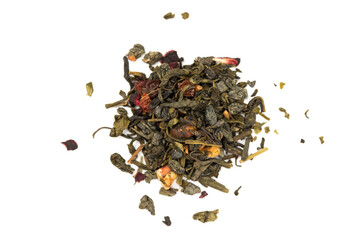  Leaves of Chinese Dry Tea Top Grade with Goji Berries and Powdered Acai on White Background