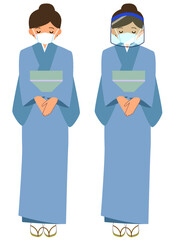 フェイスシールドをつけてお辞儀する和服の女性
