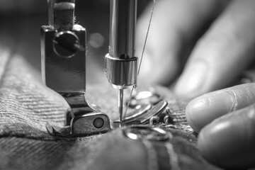 Macro shoot hand of the seamstress is using needle presser foot of industrial sewing machine for...