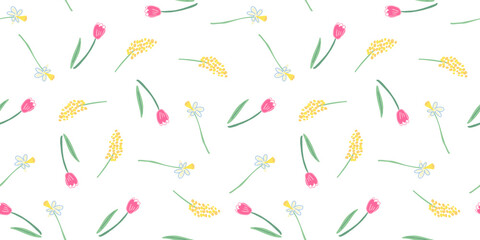 Vector seamless pattern with nice tulip, mimosa and narcissus flowers on white. Great for fabrics, especially for linens, wrapping papers, wallpapers, covers. Hand drawn flat illustration.