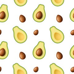 Seamless pattern of realistic green avocado for healthy eating. 3d render. Sliced avocado in half with pip. Vector illustration isolated on white background.