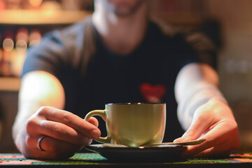 Barista making coffee in a cafe or bar. Barista in uniform at work. Art of making coffee.