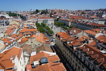 Fototapeta na wymiar Lisbon, panoramic view of the Rossio square from above, from the Santa Giusta lift