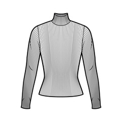 Turtleneck ribbed-knit sweater technical fashion illustration with long sleeves, close-fitting shape. Flat sweater apparel template front, white color. Women, men, unisex shirt top CAD mockup