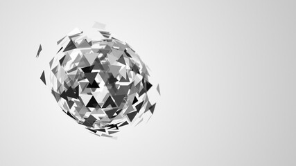 Abstract black and white background. The sphere of triangles is destroyed. 3D illustration.