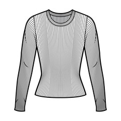 Ribbed crew neck knit sweater technical fashion illustration with long sleeves, close-fitting shape. Flat outwear apparel template front, white color. Women men, unisex shirt top CAD mockup