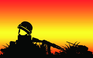 Fototapeta na wymiar Stop War Save Life,soldier gun and helmet vector.Grave of a fallen soldier,Death of the military.