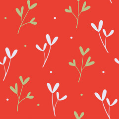 Winter floral seamless pattern with branches on a red background. Vector pattern for New Year, Christmas. Flat simple style. For wrapping paper, textiles and Wallpaper.